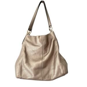 Coach Phoebe Saddle Leather Pebbled Medium Shoulder Bag Purse Pewter